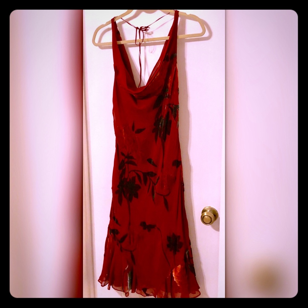 Red Wine 🍷 Silk & velvet flowy midi dress size L